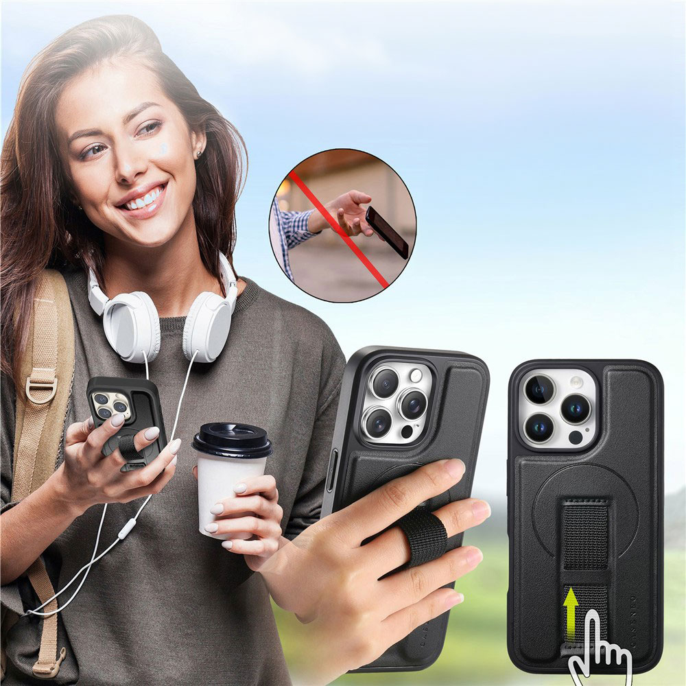 iPhone 16 Pro Max MagSafe Hybrid Hardcase Hülle mit Leder Rückseite   Finger Griff Halterung - Schwarz