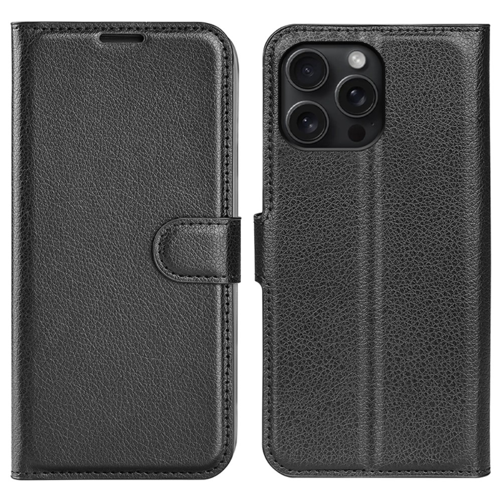 iPhone 16 Pro Leder Tasche Flip Cover Litchi Look - Schwarz