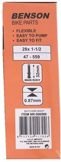 Benson Binnenband - Rubber - 28 x 1 1/2 - Dunlop Ventiel 32 mm - Zwart