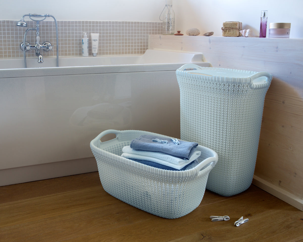Curver Knit Wasmand met deksel 57L + Wasmand 40L - Blauw|Grijs