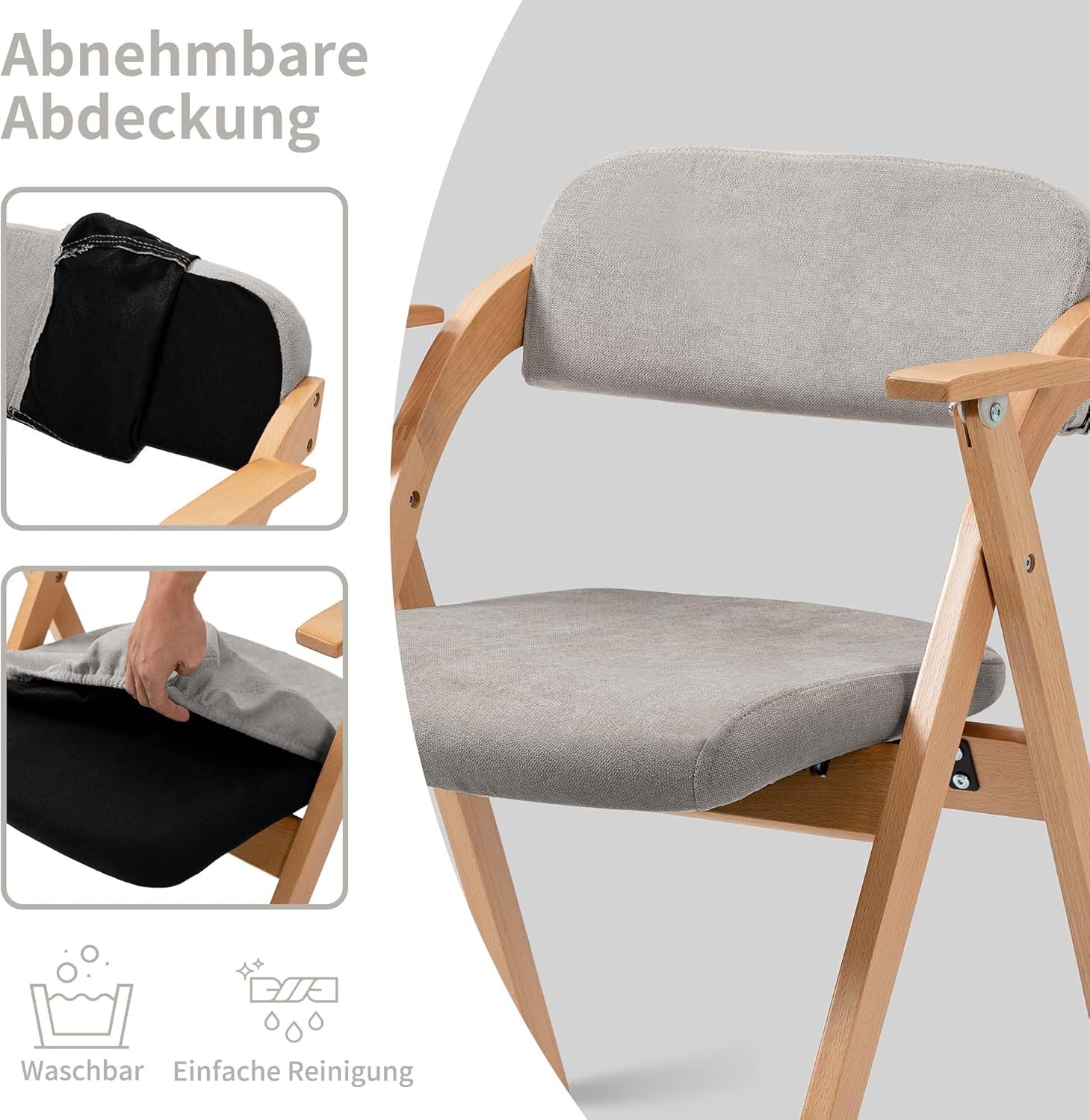 Holz-Faltstühle mit gepolsterten Kissen, Faltbare Esszimmerstühle mit abriebfestem Kunstleder, tragbar und vormontiert für Gäste, Küche, Büro, Hochzeit und Party, Grau