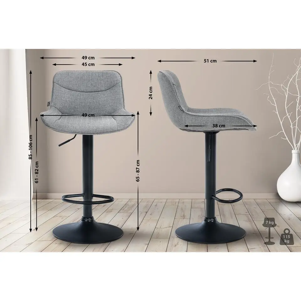CLP Set van 2 Barkruk Vonore zwart Frame - Stof - grijs