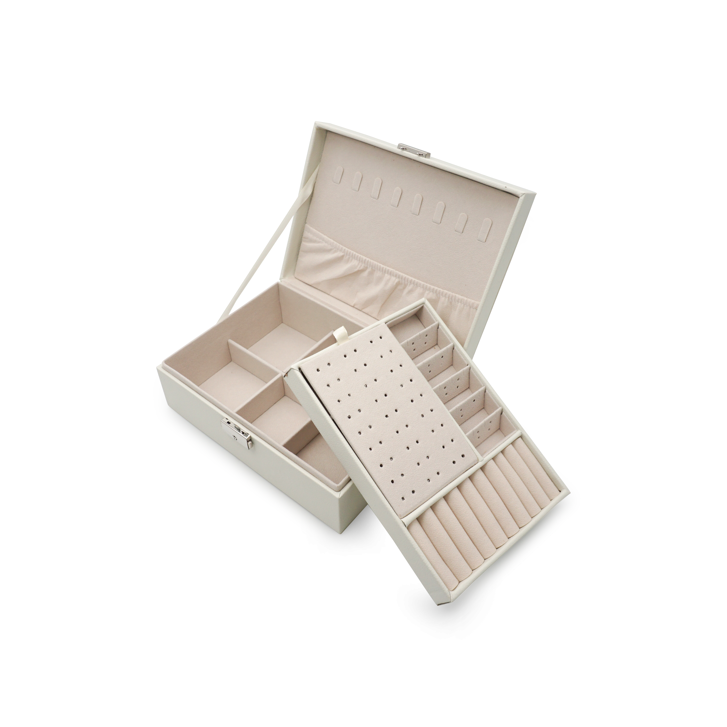 Leder Schmuckschatulle mit Schloss Aufbewahrungsbox Organizer für Ringe / Halskette / Ohrringe / Armbänder - Ivory / Weiss