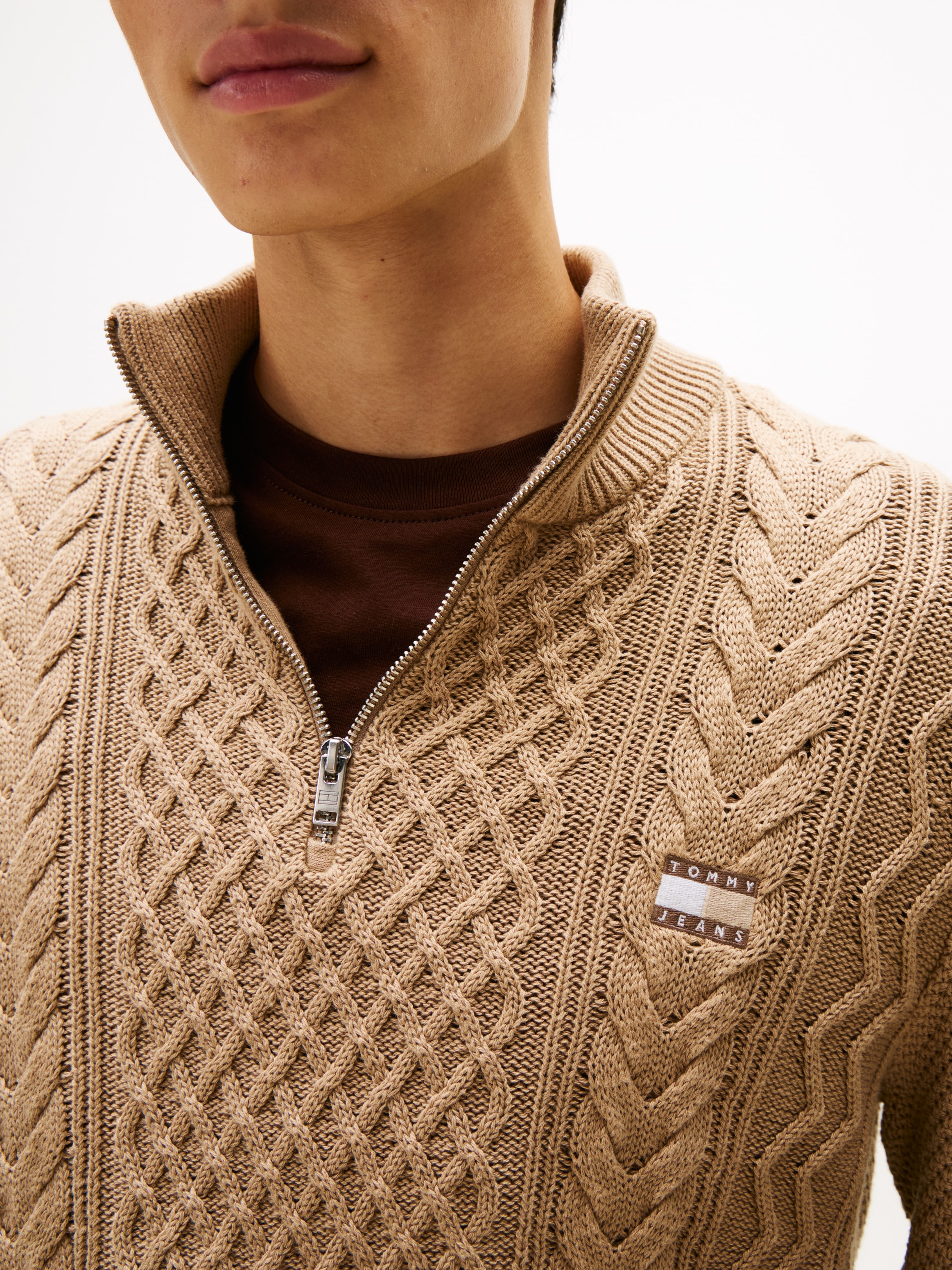 Tommy Jeans Strickpullover , Troyer-Kragen mit Reissverschluss, slim fit, Zopfstrick-Muster