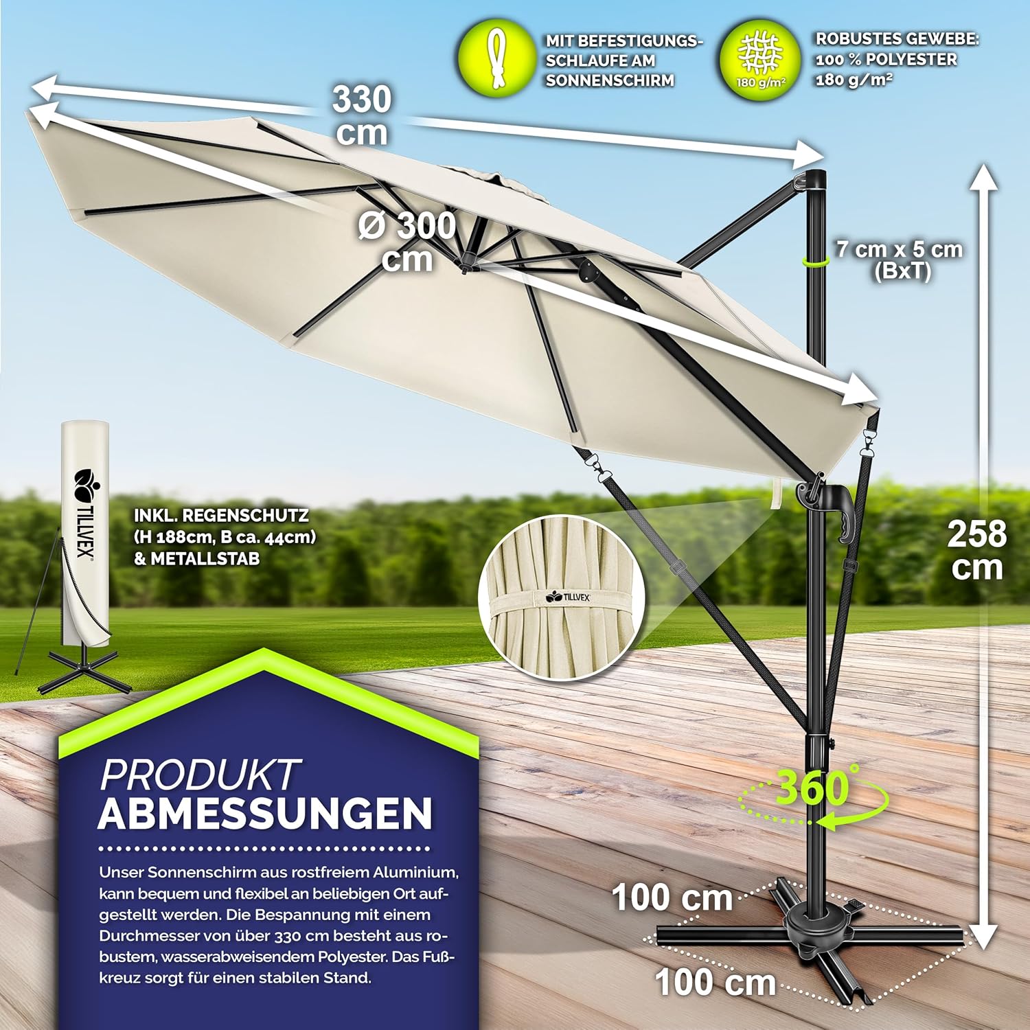 tillvex® Premium Alu Sonnenschirm 330 cm + Abdeckung & Windsicherung | Ampelschirm 6-Fach verstellbar mit Kurbel | Gartenschirm 360° Drehbar Neigbar Kippbar | UV50+ wasserdicht