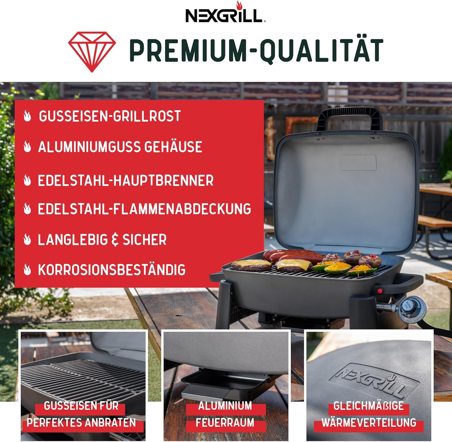 Nexgrill Gasgrill klein & tragbar für bis zu 300° – Tischgrill Gas für Balkon & Camping, Kleiner Grill mit Deckel, Gusseisenrost, 3,1 kW Edelstahlbrenner, Piezozündung, Mini Gasgrill kompakt