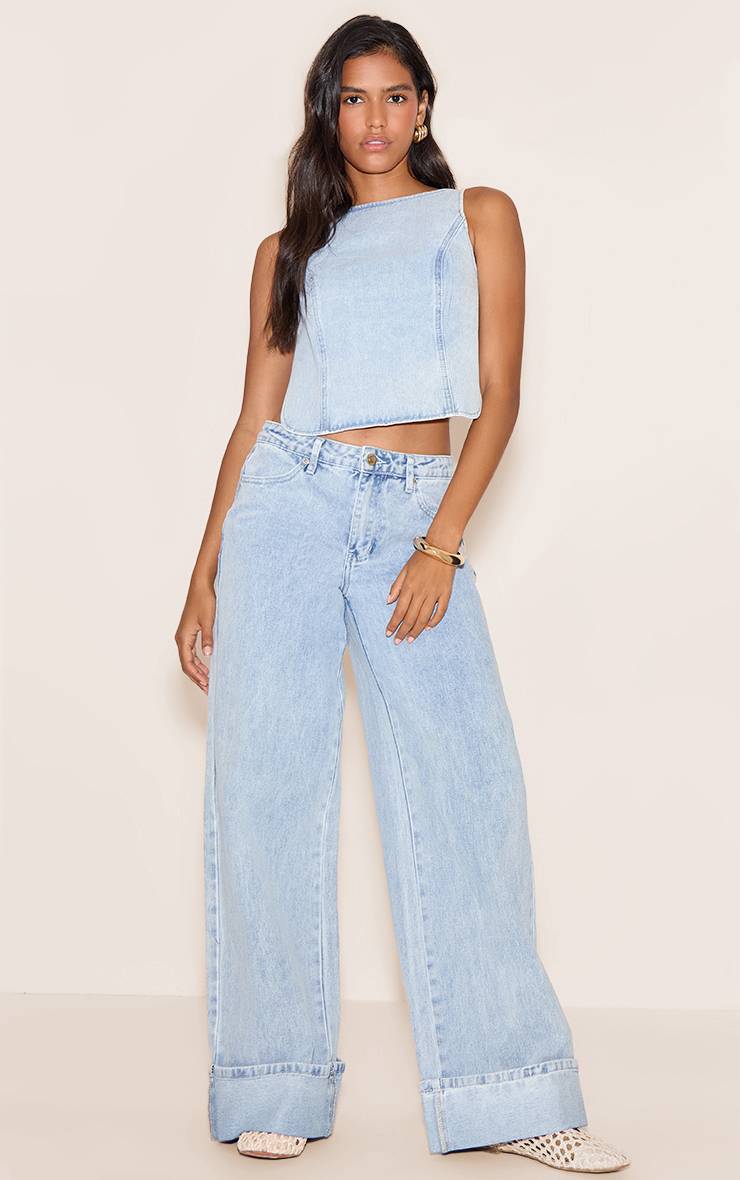Bleu Clair Top En Denim Sans Manches Crème Beurre Avec Lien Au Dos
