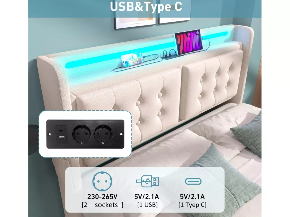 Lit coffre 180x200cm en tissu lin - avec LED et Ports de recharge - Beige