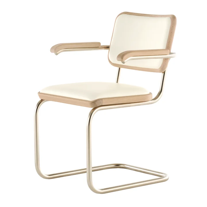 Thonet - JS. THONET a personal Interpretation by Jil Sander S 64 P Nordic Armlehnstuhl, Nickelsilver / Eiche weiss pigmentiert / Leder alabaster white