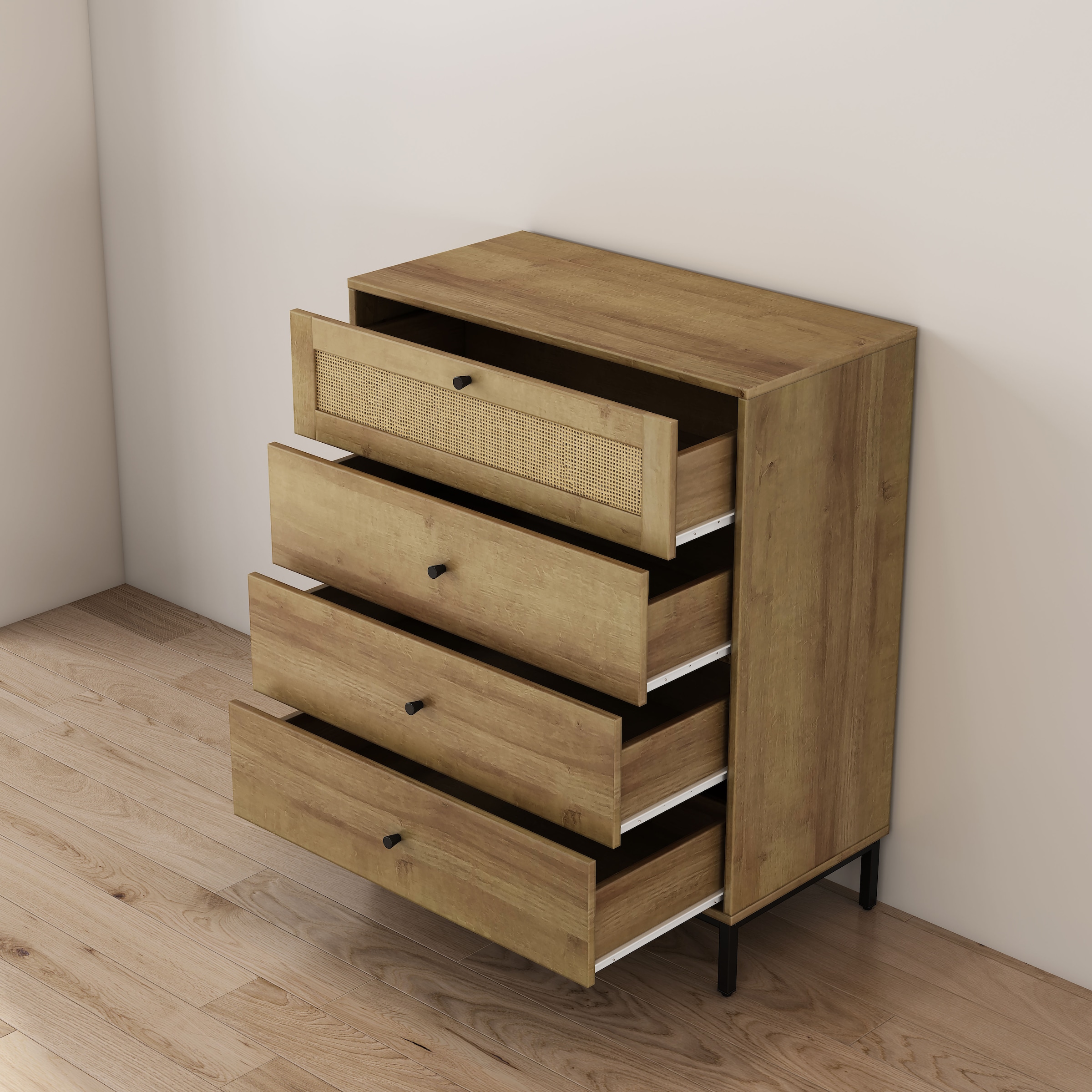 GOODproduct Kombikommode »Motala Sideboard Wäscheschrank im BOHO Design Bestseller Kommode« Eichen-Design mit Geflecht Schublade und schwarzen Griffen,