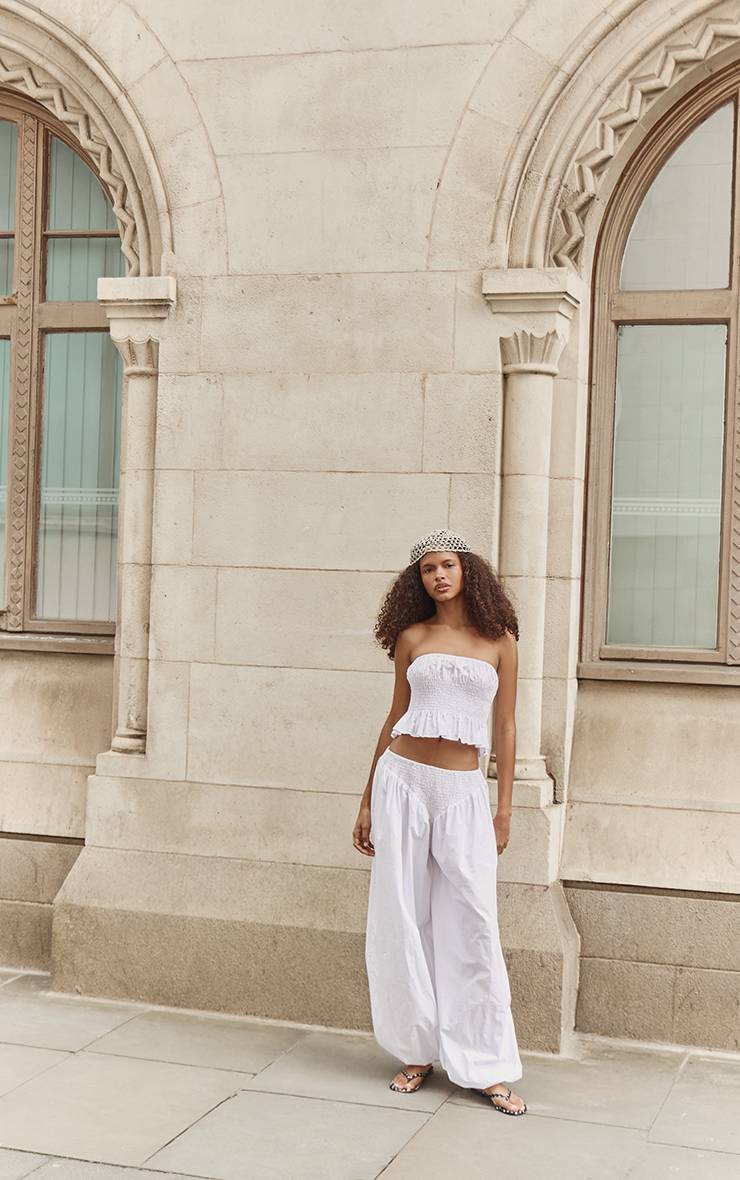 Blanc Ensemble Coordonné Pantalon Ballon Taille Froncée En Popeline