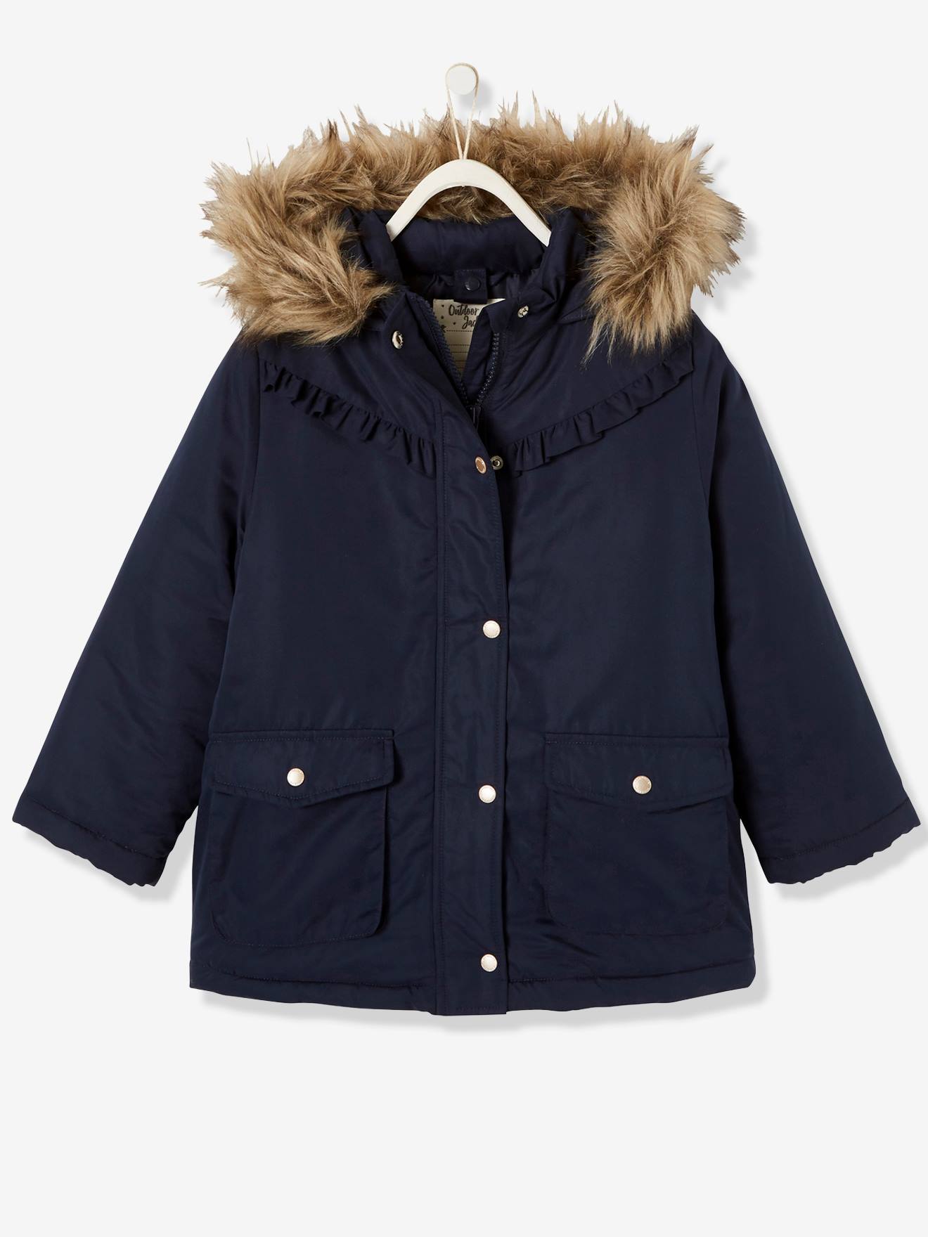 Parka com capuz 3 em 1, jaqueta acolchoada e enchimento de poliéster reciclado, para meninas, azul escuro liso