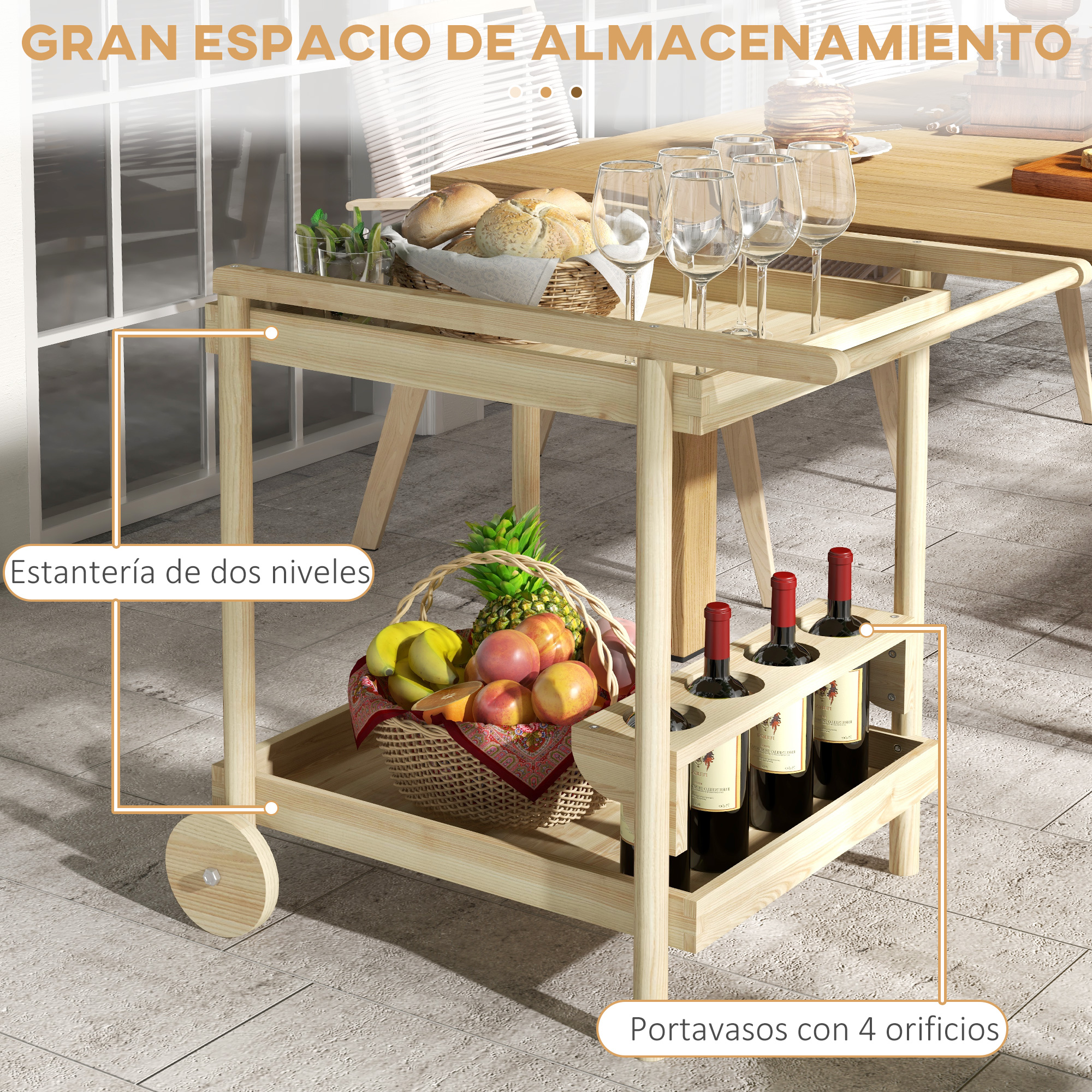 Carrinho de servir Outsunny com rodas, madeira natural