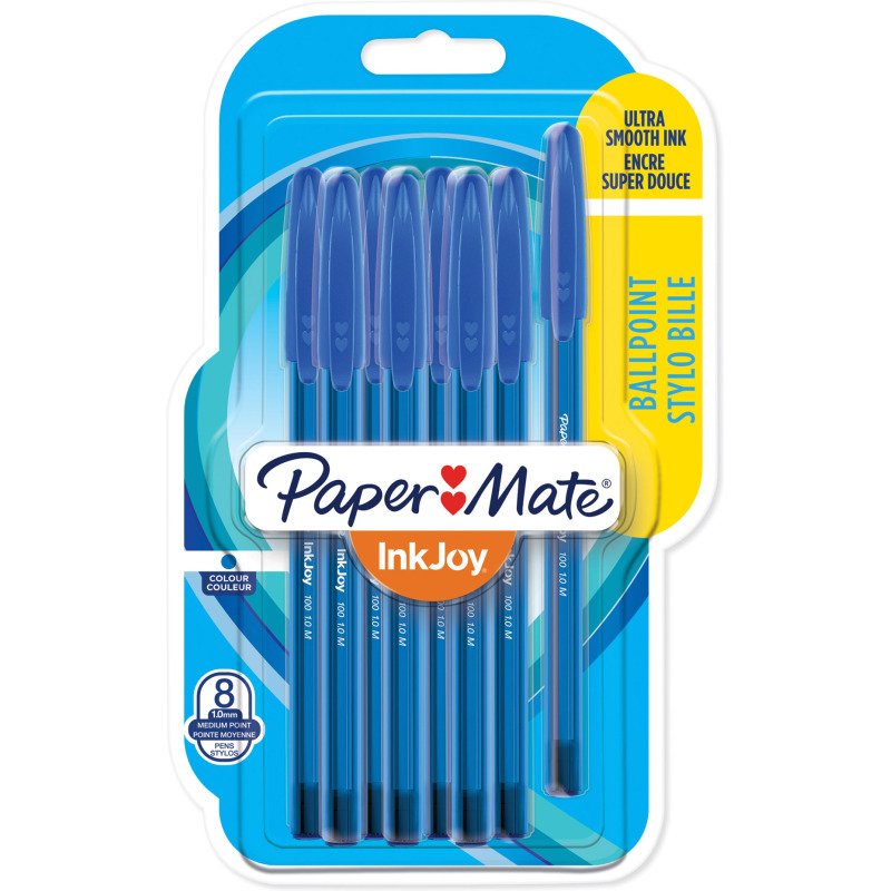 Stylo bille Paper Mate Inkjoy 100 à capuchon pointe 1 mm écriture moyenne  - Pochette de 8