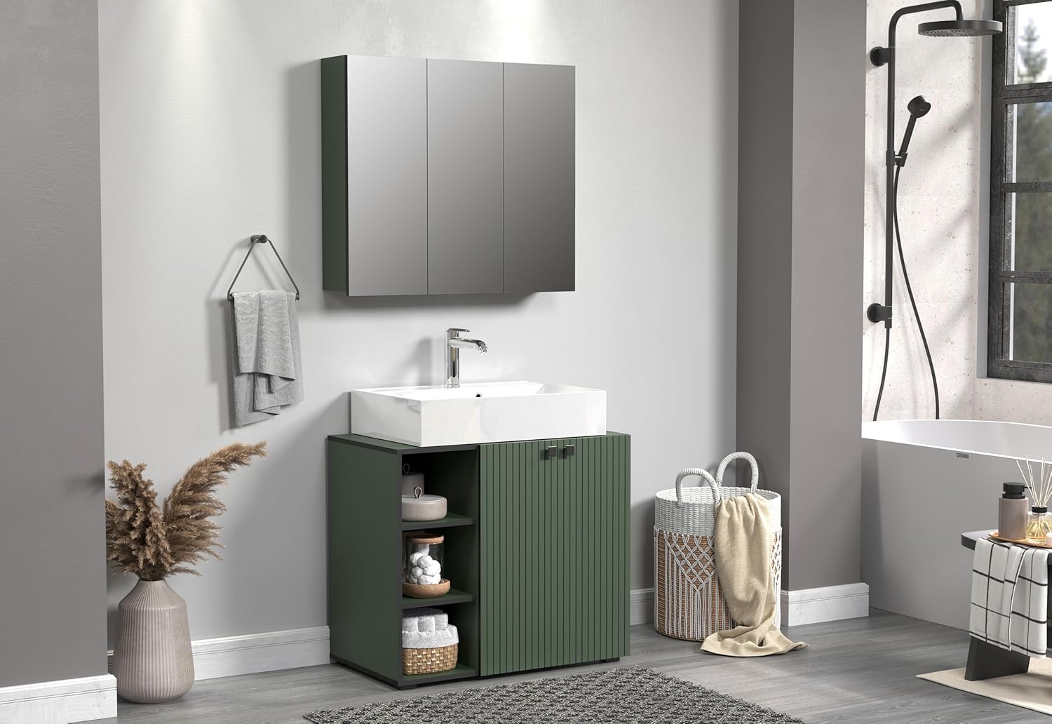 trendteam smart living - PureBliss - Waschbeckenunterschrank - Grün - Rillenoptik - 3 offene Fächer + 1 Einlegeboden + 80cm Aufsatzwaschbecken - (BxHxT) 90 x 91 x 53cm - edle Metallgriffe