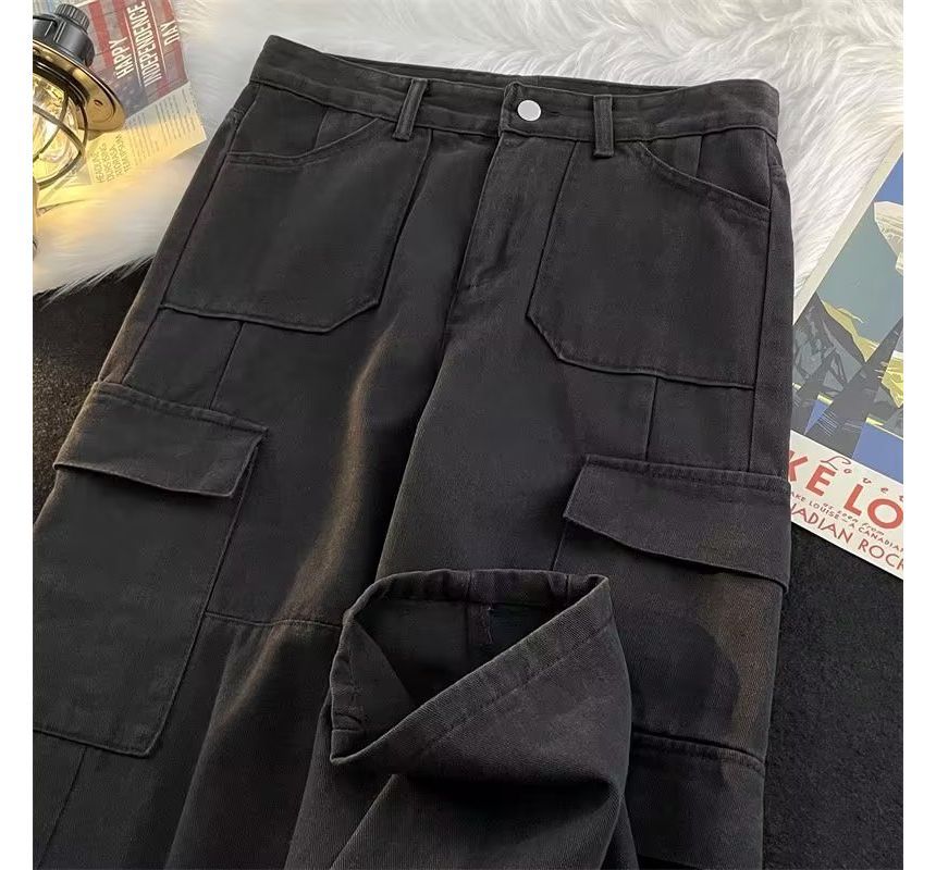 Urtishia - Hoge taille jeans met wijde pijpen en dubbele zakken