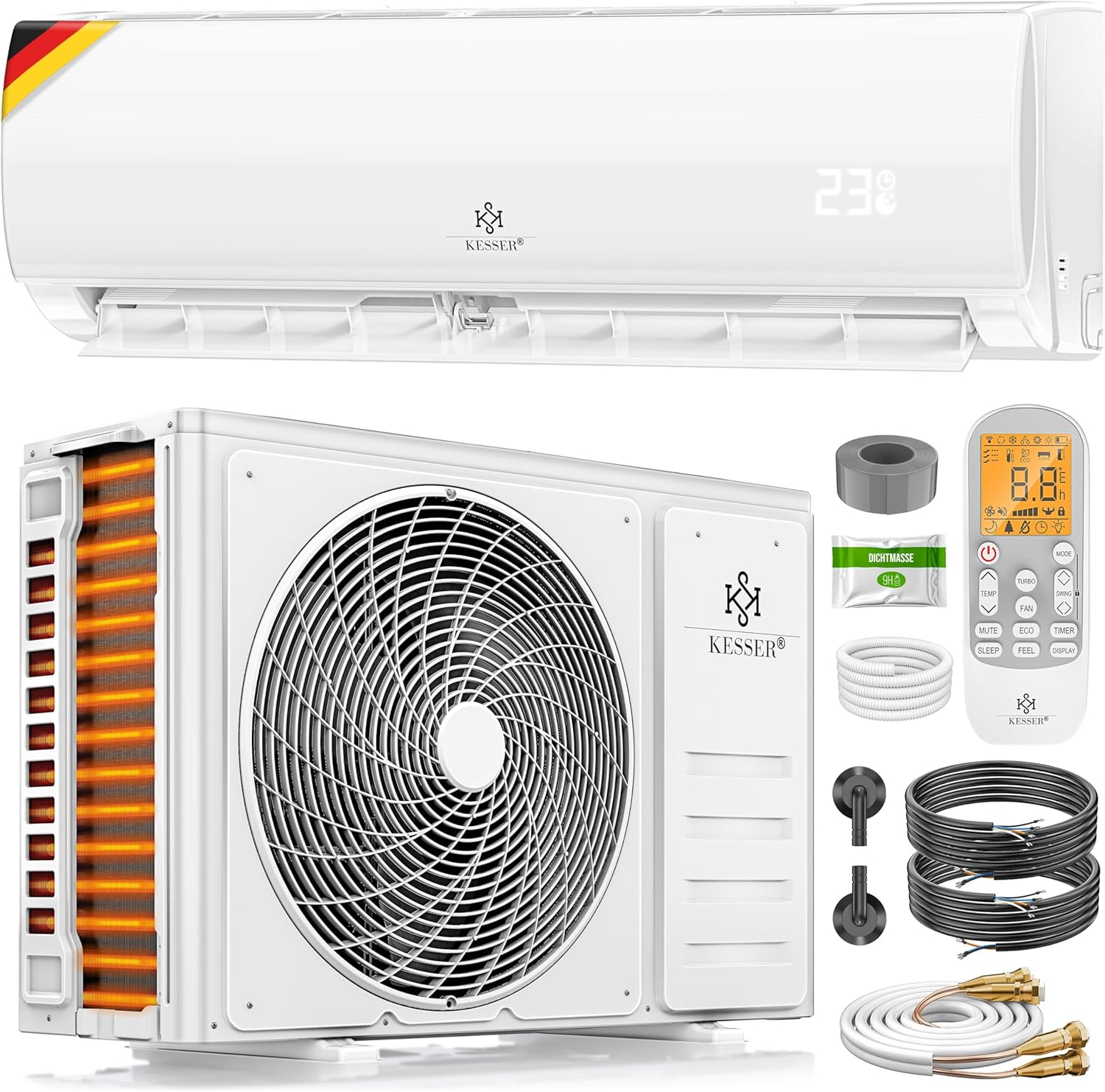 KESSER® Split Klimaanlage Set Quick Connect 12000 BTU 3,4 kW – WiFi & App Klimagerät mit Heizfunktion & Kühlmodus Wandklimaanlage, mit Kupferleitung Kältemittel R32 Inkl. Montagematerial