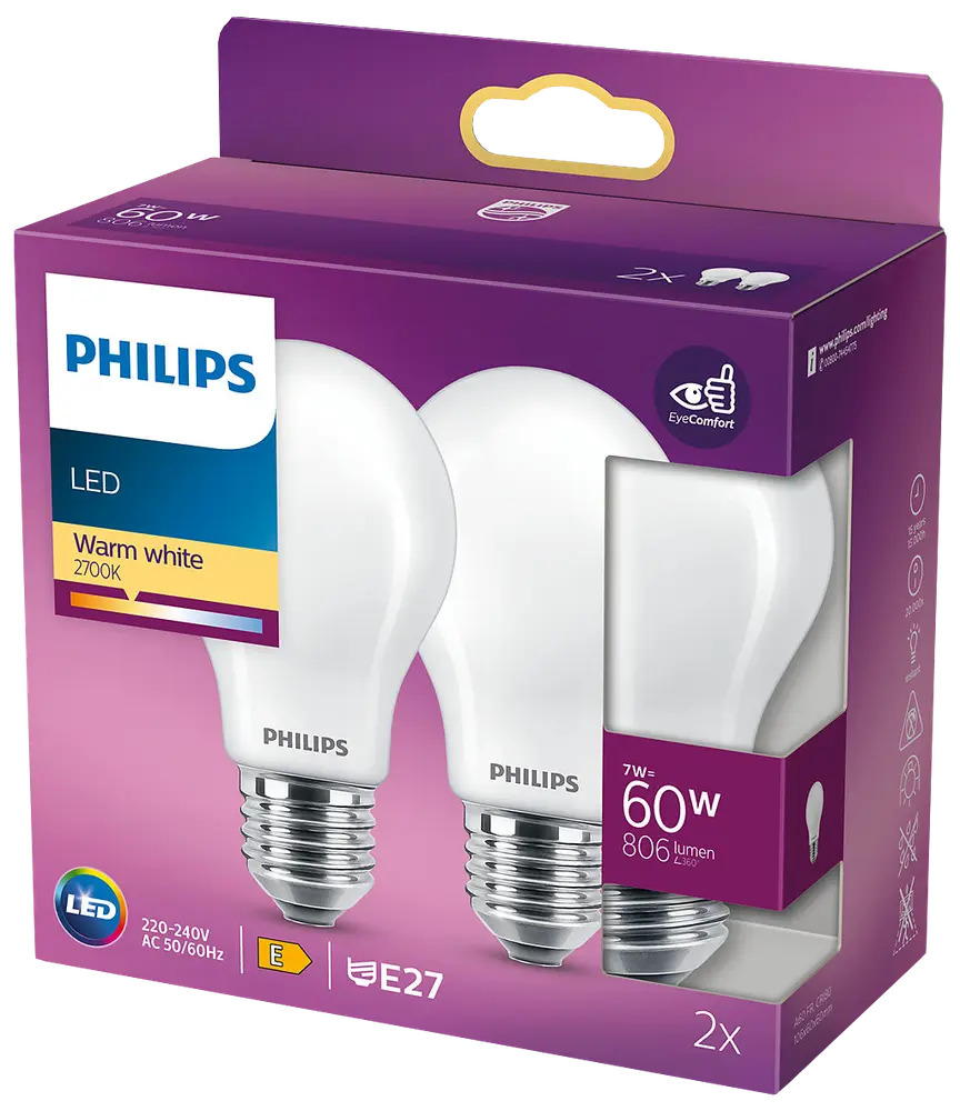 PHILIPS LED-pære 7W E27 A60 2-pak