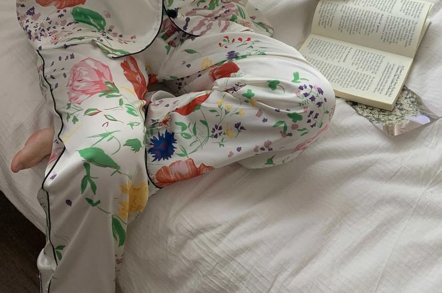 GOUB - Pyjamaset: overhemd met lange mouwen en bloemenprint + broek