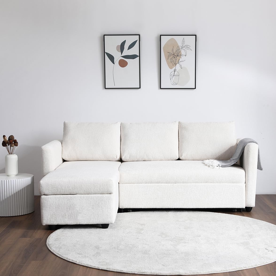 Meubletmoi Wilson Ecksofa, links, wendbar, 3-Sitzer, Länge: 210 cm, aus weichem Stoff, beige, ausziehbar, mit Kissen und integriertem Truhe, moderner Komfort und Originalität