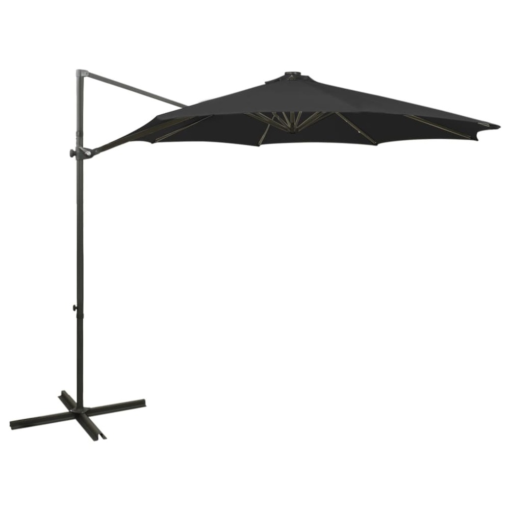 Parasol meuble de jardin déporté avec mât et lumières led 300 cm noir