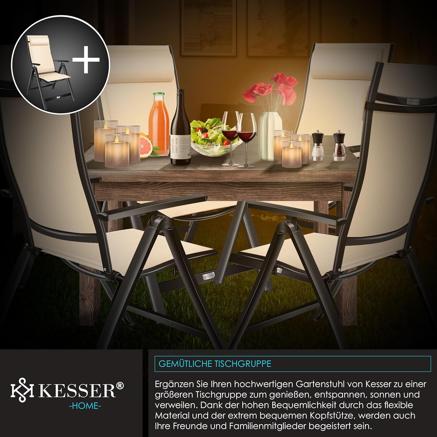 KESSER® Gartenstuhl Hochlehner mit Armlehnen 2er Set Aluminium Klappstuhl mit Kopfkissen & Abdeckung Campingstuhl 7-Fach Verstellbar Rückenlehne Atmungsaktiv Wetterfest Klappbar Anti-Rutsch, Beige