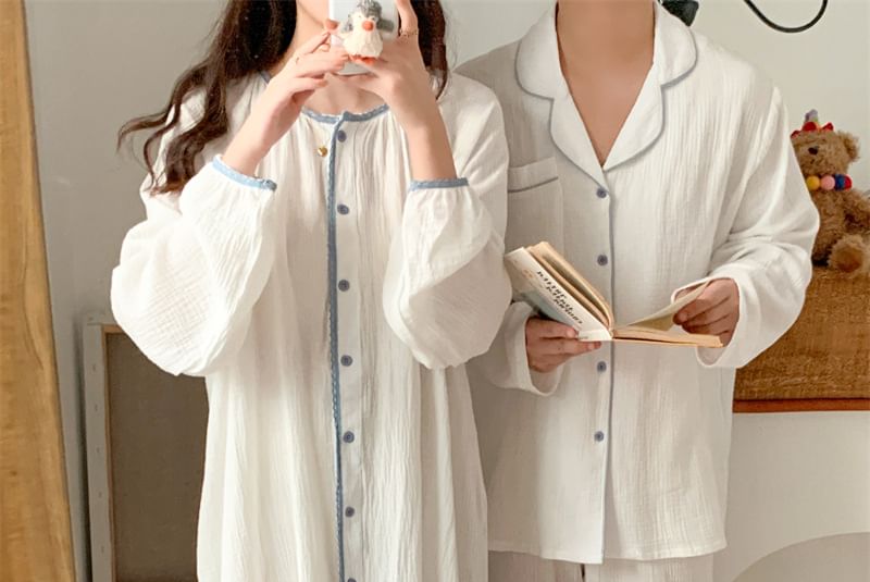 Sadelle - Koppel bijpassende pyjamajurk met contrasterende rand / pyjamaset met lange mouwen
