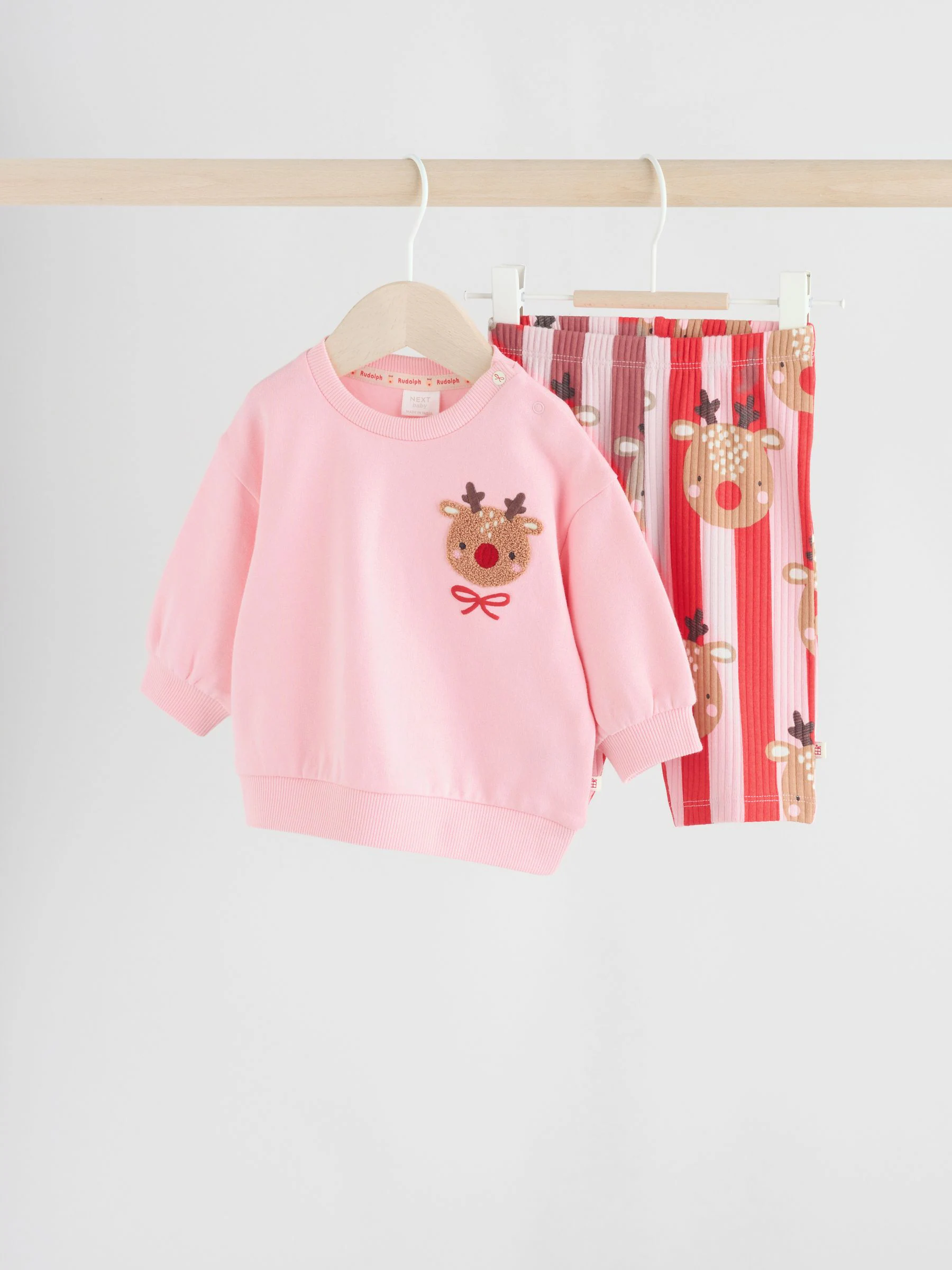 Rood/roze rendier - Kerstmis Sweat en Joggingbroek Baby Set (0mnd-2jr)