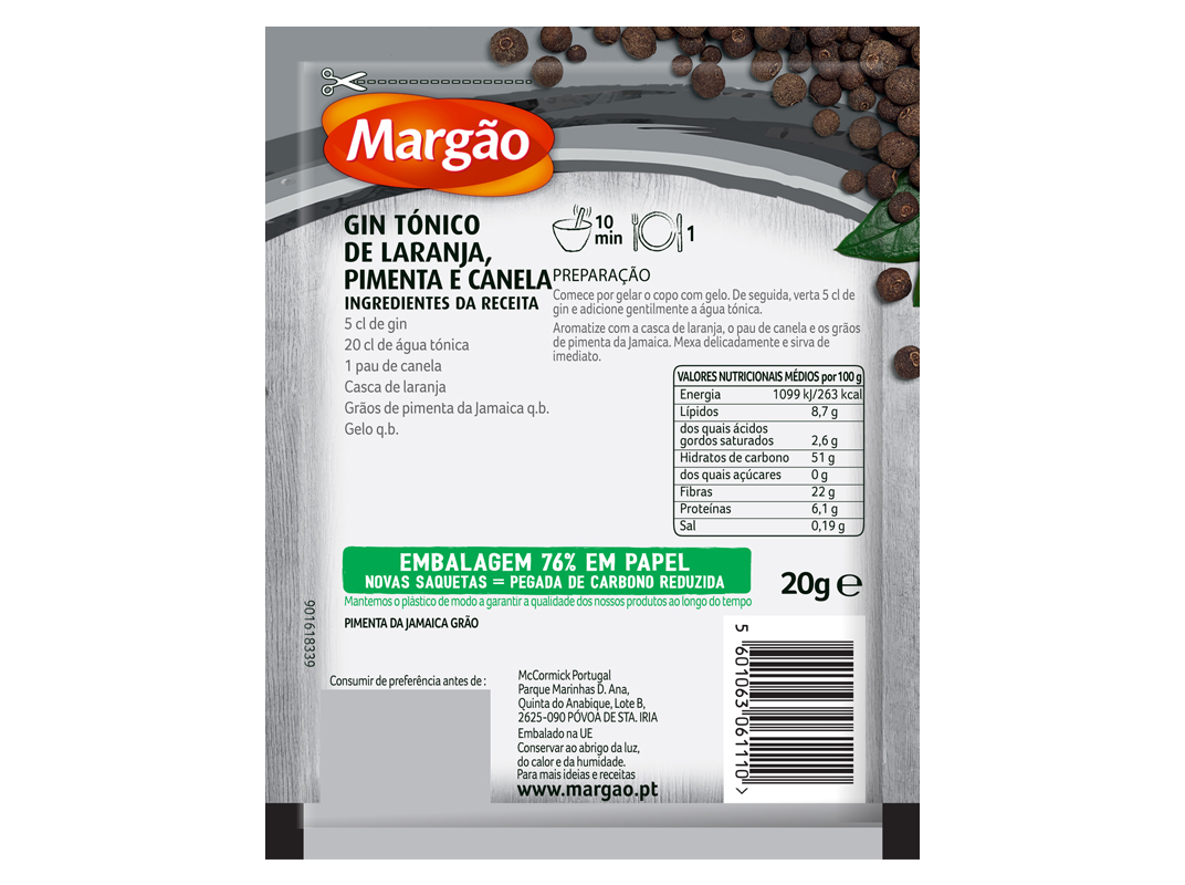 PIMENTA JAMAICA MARGÃO GRÃO SAQUETA 20G