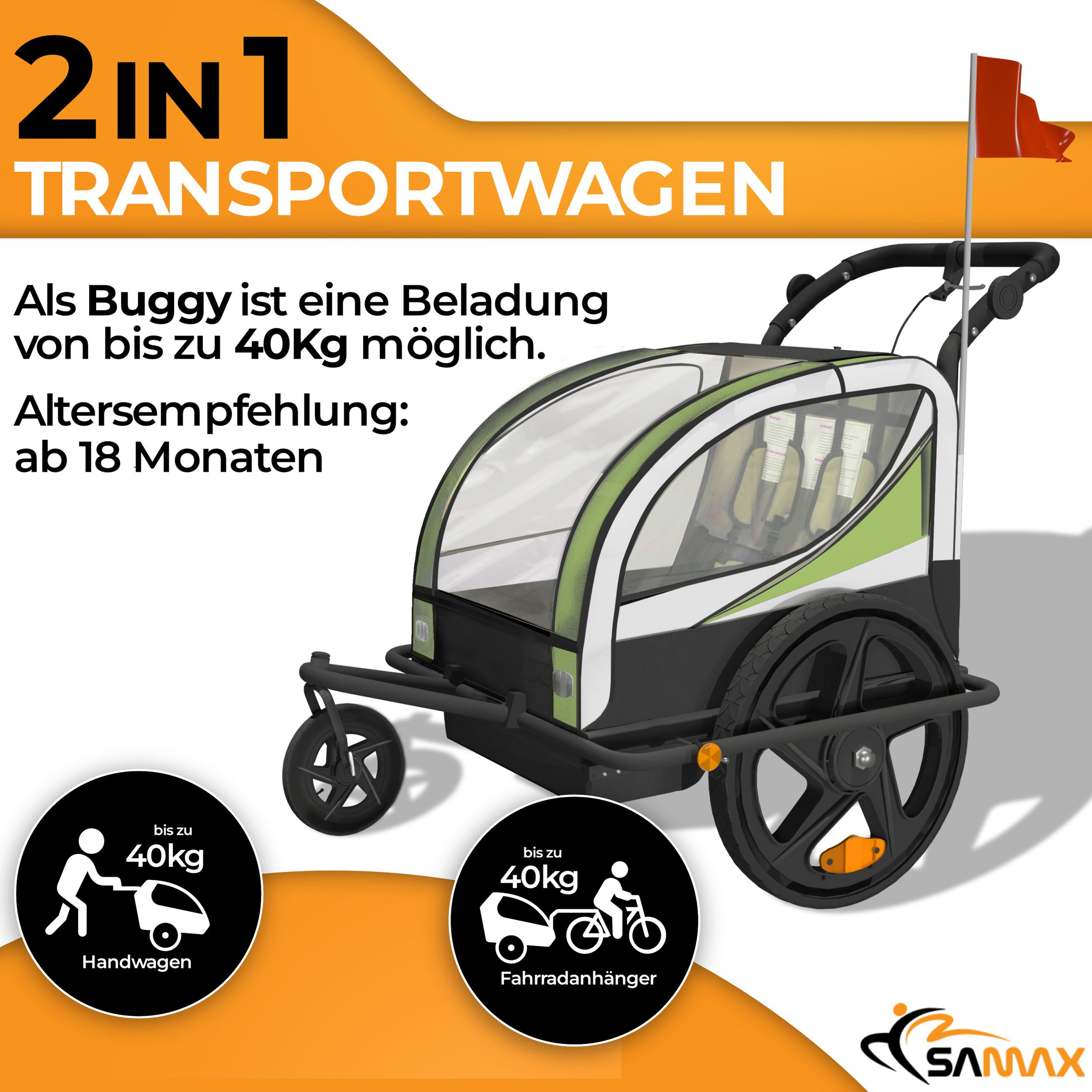SAMAX 360° drehbarer Fahrradanhänger 2in1 Jogger - in Grün - Black Frame