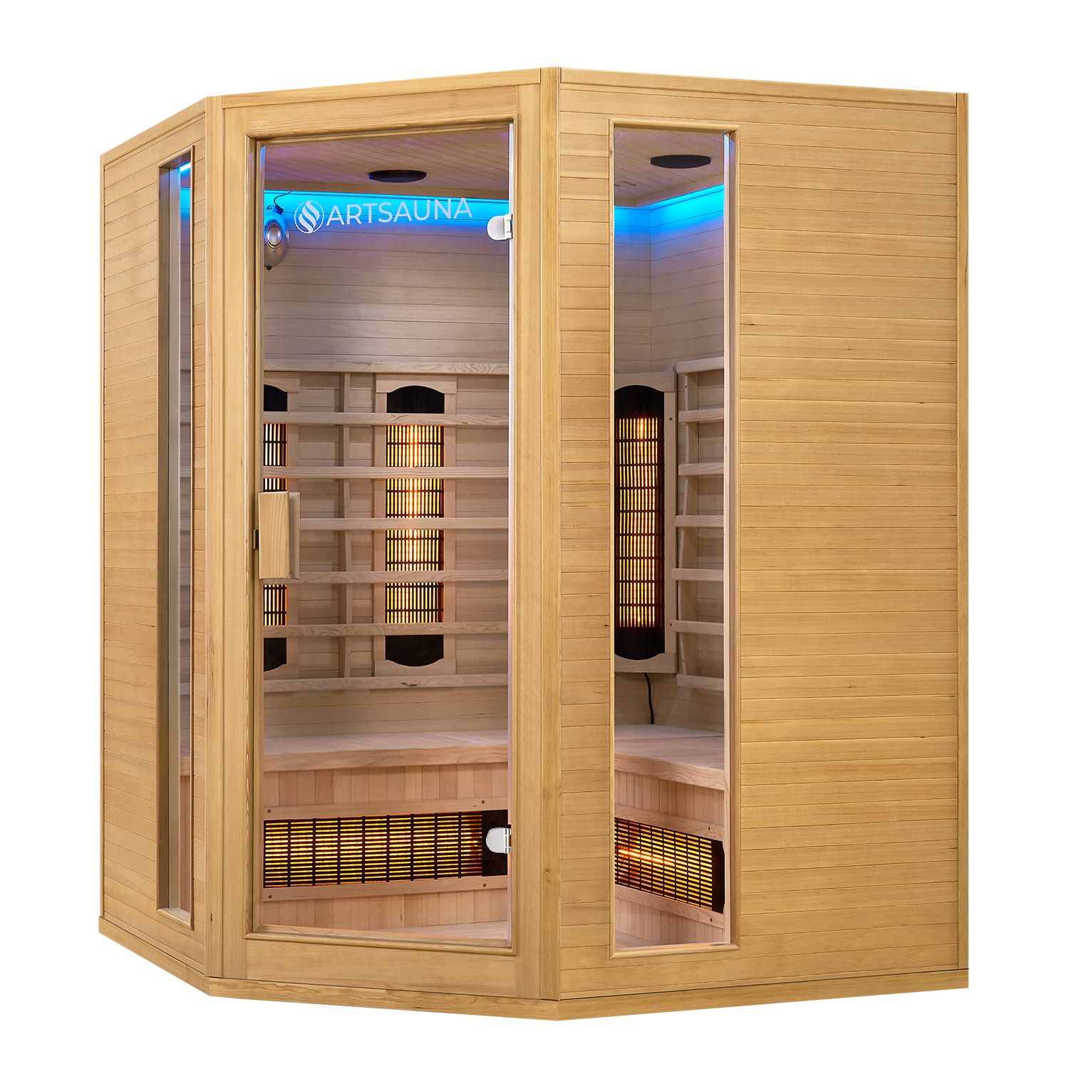 Artsauna Eck Infrarotkabine Nyborg E150V Vollspektrum mit Ambiente Beleuchtung – 4 Personen