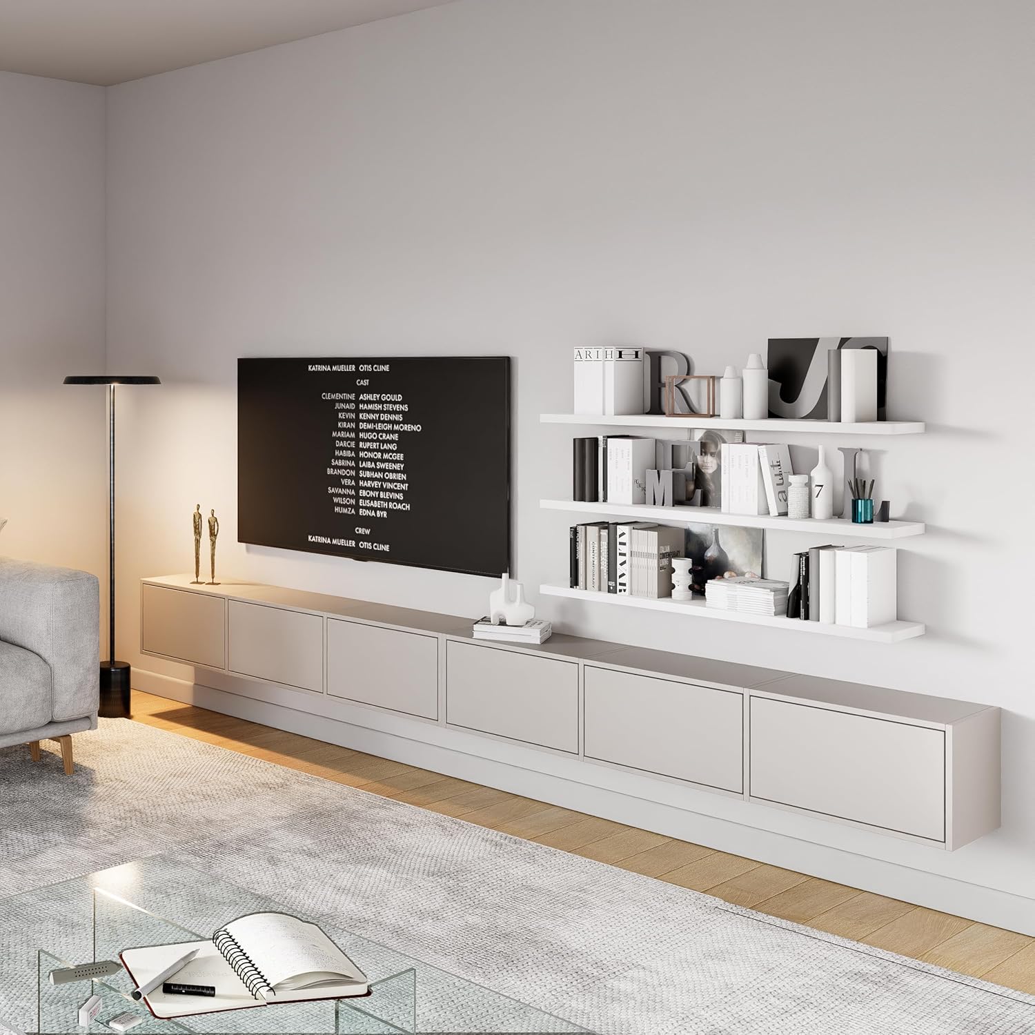 Selsey TV Lowboard Hängend Kaschmir 300 cm Minimalistisches Design mit Push-to-Open 16 mm Laminierte Spanplatten 6 Klappen Platzsparend Ideal für Wohnzimmer Matte Oberfläche Made in Europa