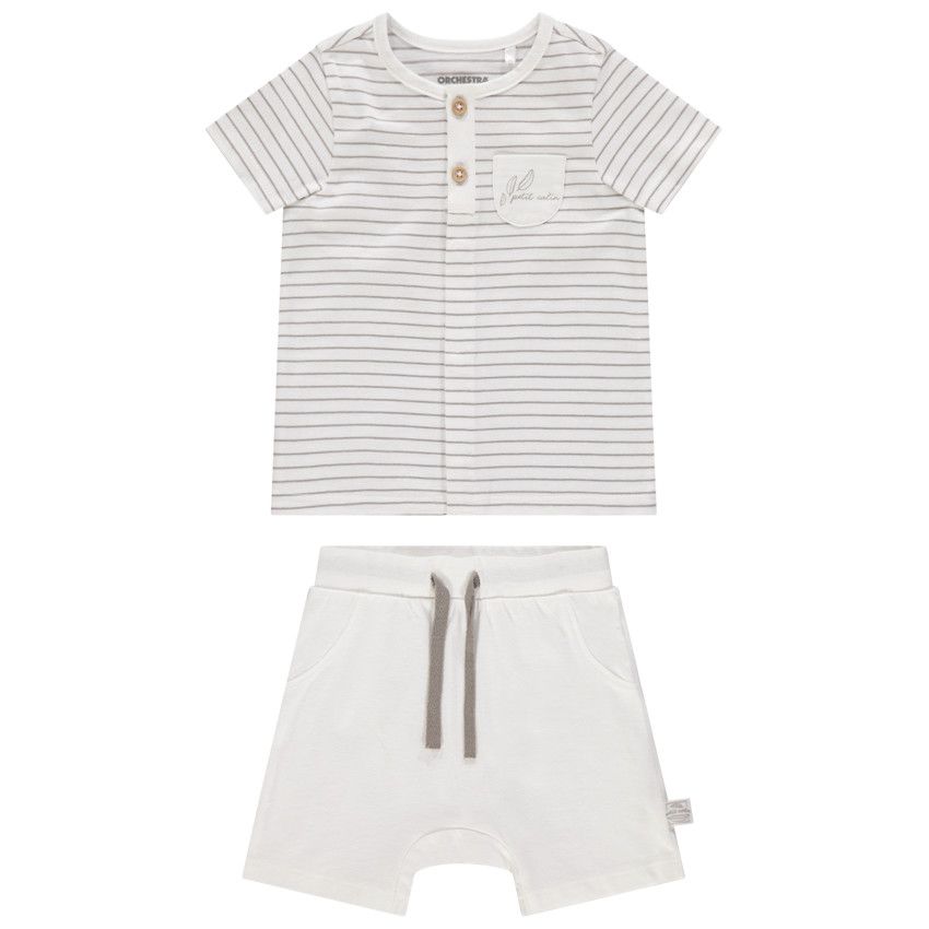 Ensemble en coton avec t-shirt rayé et short uni pour bébé garçon - Ecru