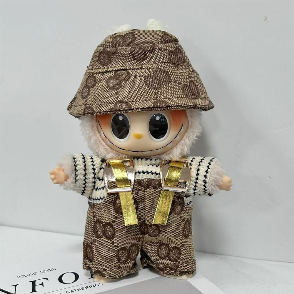 (3-tlg. Set) Monsterhäschen Overall Puppen Zubehör Latzhose Outfit Verkleidungs Accessoire inkl. Gestreiftem T-Shirt / Hut - Beige / Weiss