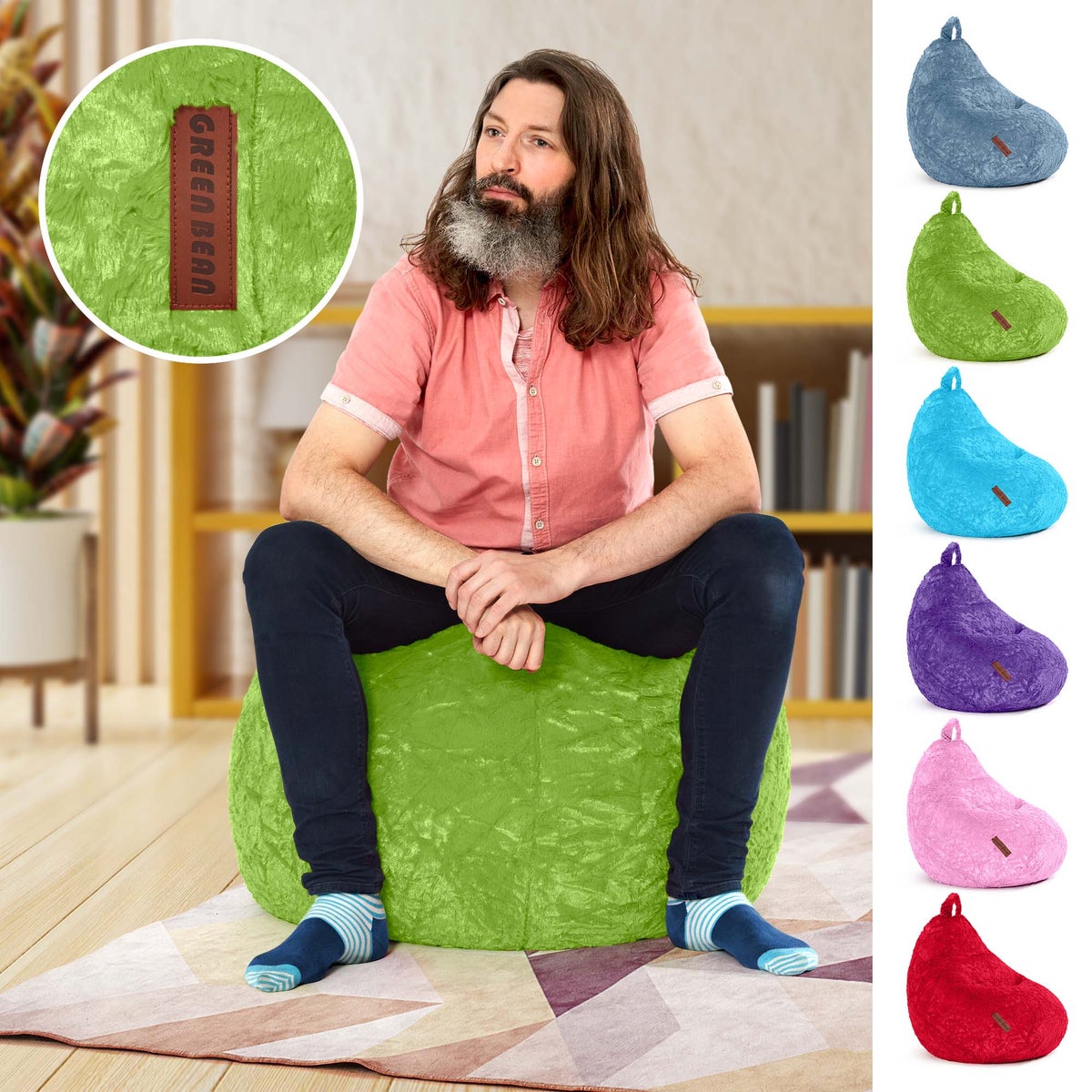 Green Bean Pluche Zitzak 45x45x60cm - Binnenzitkussen met 120L EPS-korrelvulling, comfortabel, wasbaar - Zitzak Vloerkussen, Loungestoelkruk - Groen