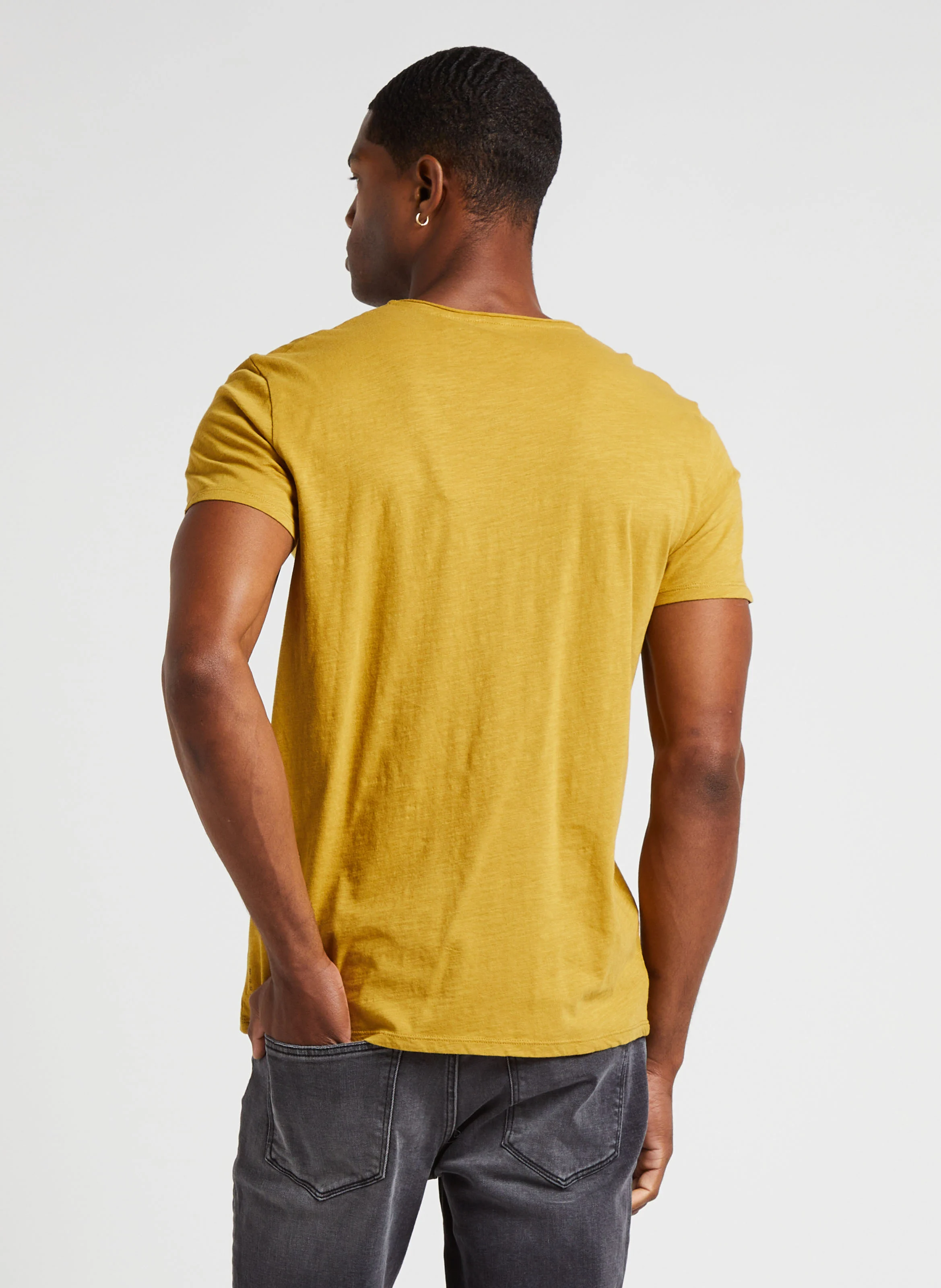 Tee-shirt col V en coton flammé| Jaune