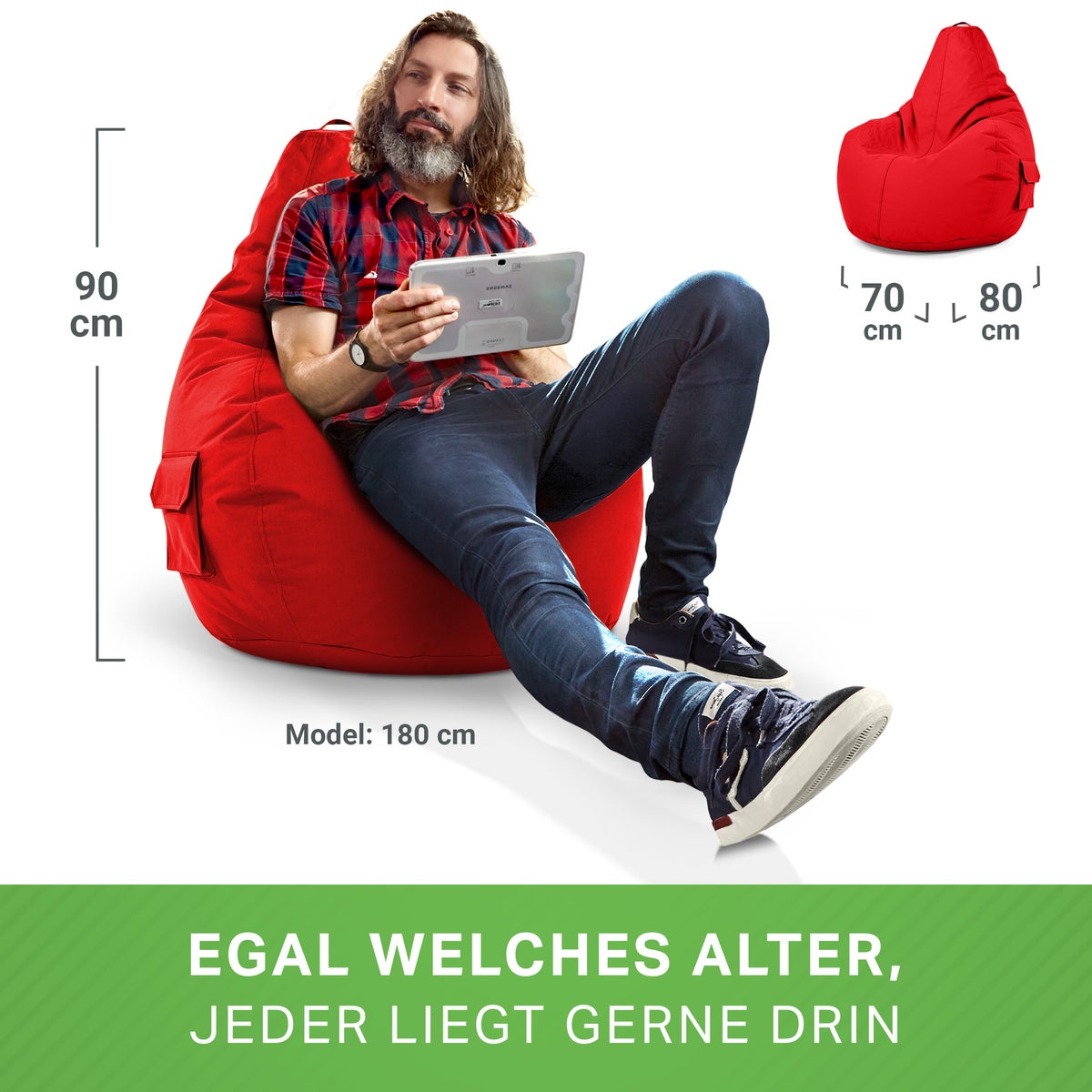 Green Bean Zitzak met rugleuning 80x70x90cm - Gaming stoel met 230L vulling, comfortabel, zacht, wasbaar - Zitzak vloerkussen, loungestoel, voetenbank, relaxstoel, gamer gaming stoel, rood