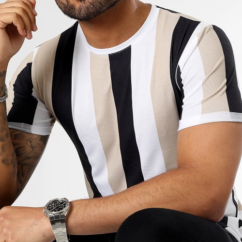 Tee Shirt Oversize A Rayures 2844 Noir Blanc Beige