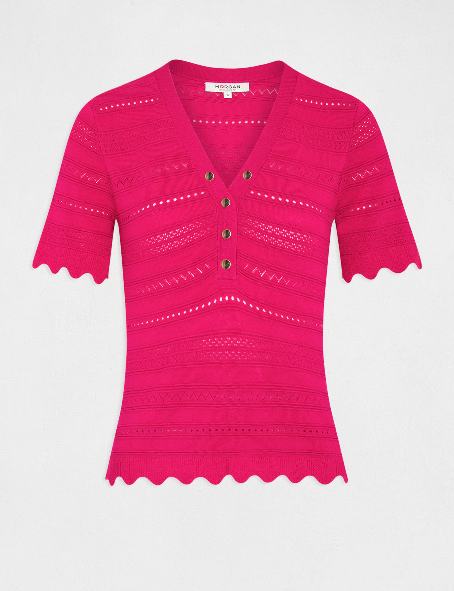 Pull manches courtes détails ajourés rose fonce femme - rose_fonce