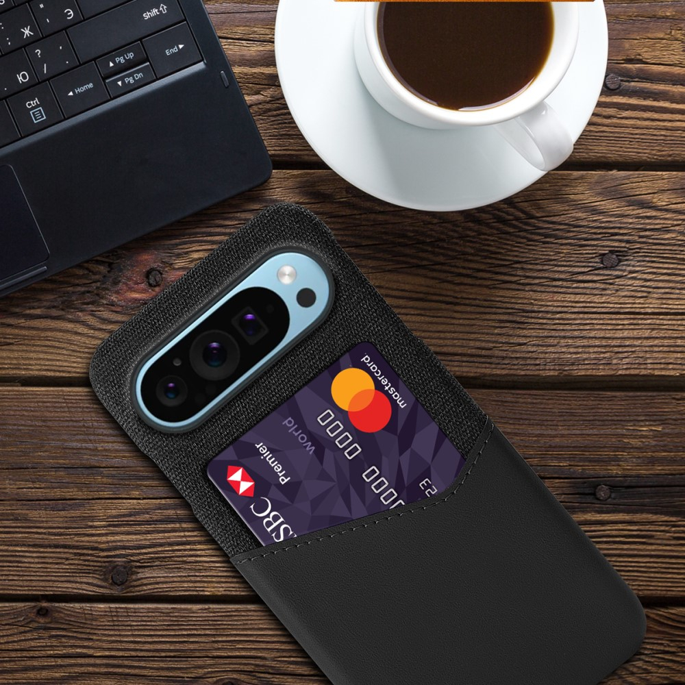 Google Pixel 9 / Pixel 9 Pro Leder Hülle Snap Case Stoff Design   Kartenfach - Schwarz