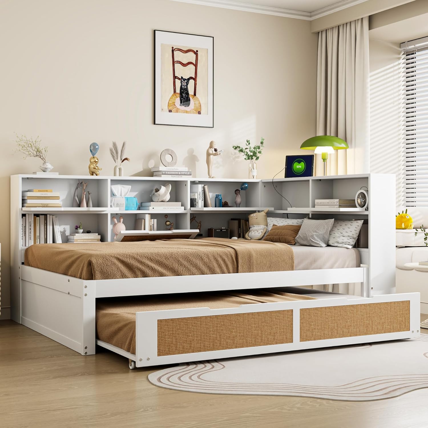 Tagesbett Schlafsofa 140x200, Holz Multifunktionsbett mit Ausziehbett 90x190 cm, USB-Steckdose und vielen Staufächern, Doppelbett Massivholzbett Kinderbett Daybett mit Lattenrost, Ohne Matratze, Weiß