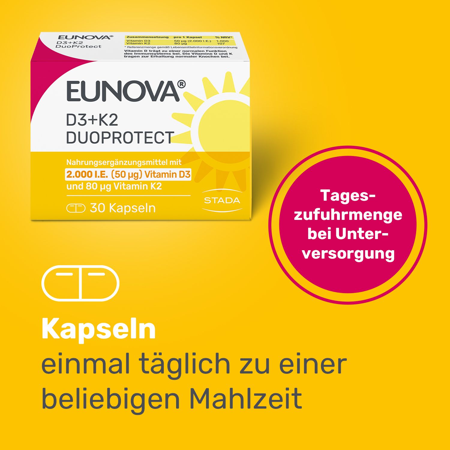 Long Title 	EUNOVA® D3 + K2 DuoProtect – 2.000 I.E.  Nahrungsergänzungsmittel mit Vitamin D und K zur normalen Funktion des Immunsystems & Erhaltung normaler Knochen