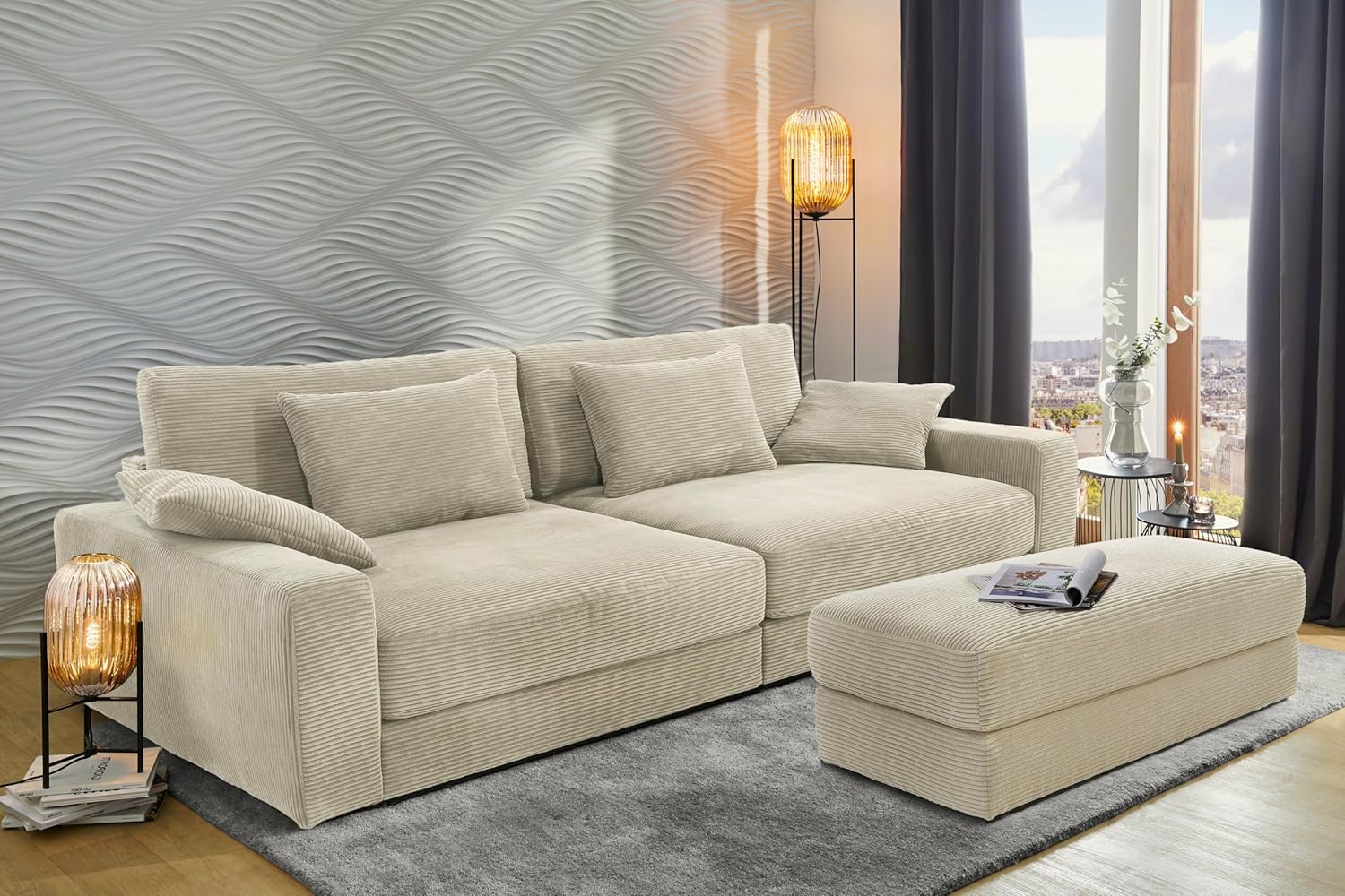 Großes Big-Sofa mit Bonellfederkern-Polsterung B290/T135/H90 cm, Lounge-Couch mit Rückenkissen und Zierkissen, weicher und robuster Trend-Bezug aus Cord in Beige Grau / 15251