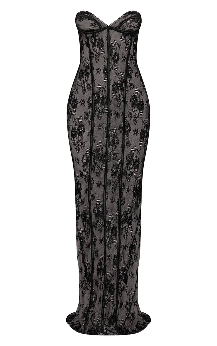 Noir Robe Longue Corset Bustier En Dentelle