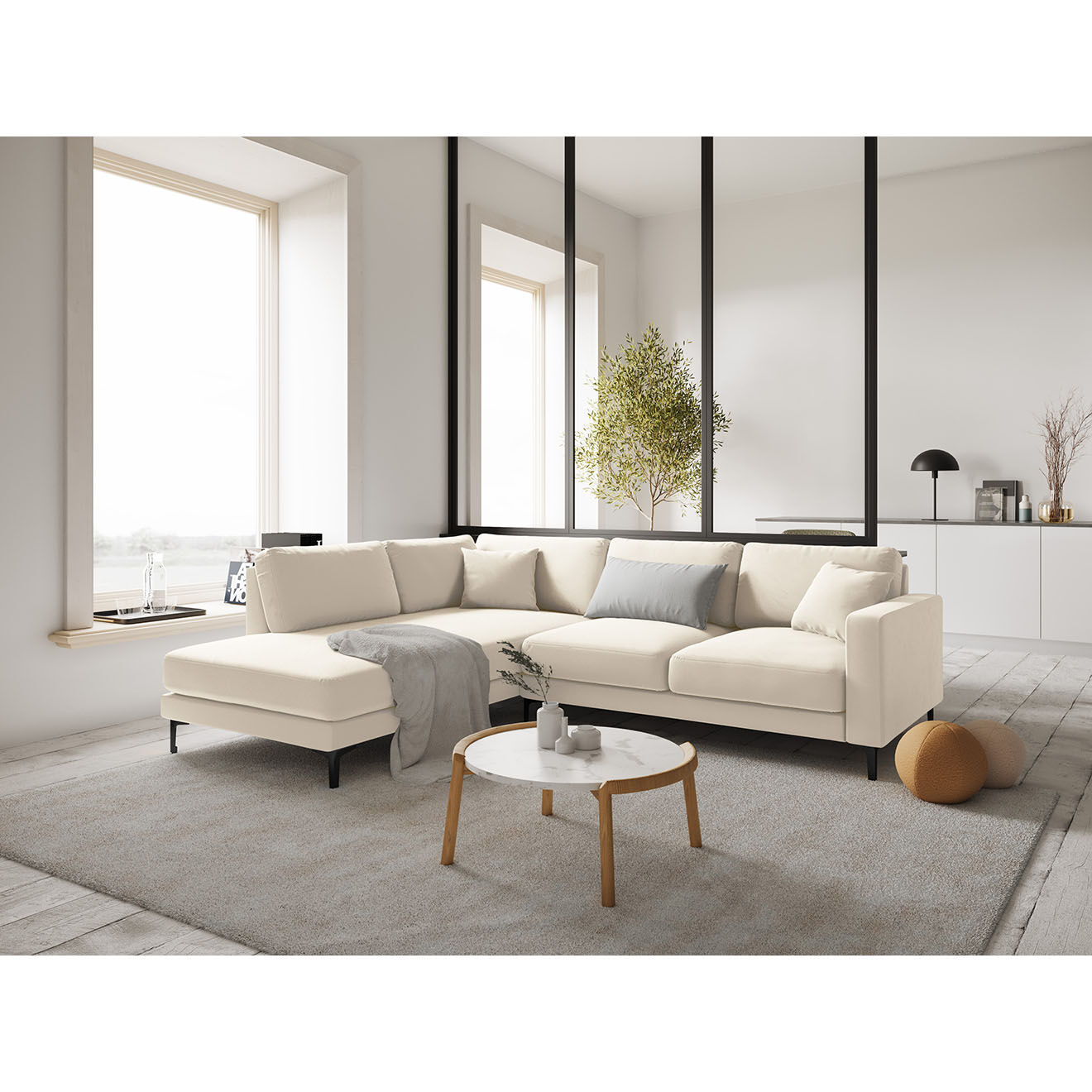 Mazzini Sofas Canapé d'angle Gauche Velours Venus 5 Places beige clair - 254x185x90 cm
