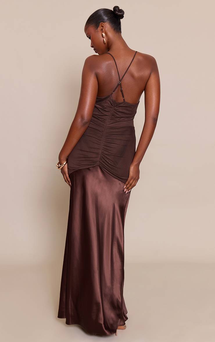 Chocolat Robe Longue Nuisette En Satin Froncé