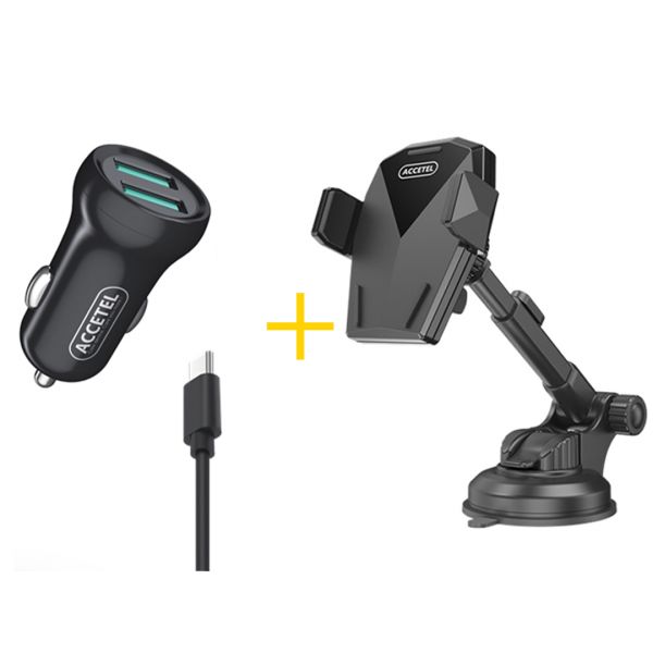 Accetel Pack Auto Suporte SP129   Cabo Type C   Carregador para TCL 50 SE CC266 2X USB 2.4A Preto