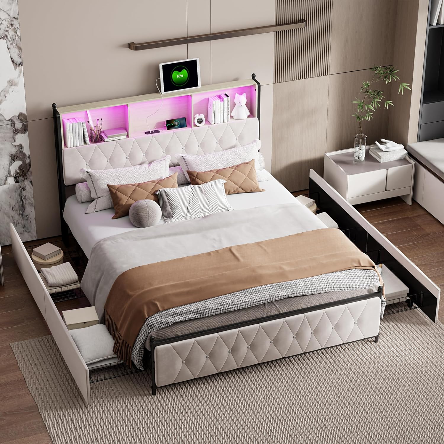 Polsterbett 140x200 cm Doppelbett mit LED und USB, Jugendbett mit Stauraum-Kopfteil Stauraumbett mit 4 Schubladen, Bettgestell mit Lattenrost, Samt (Beige, 140 x 200 cm)