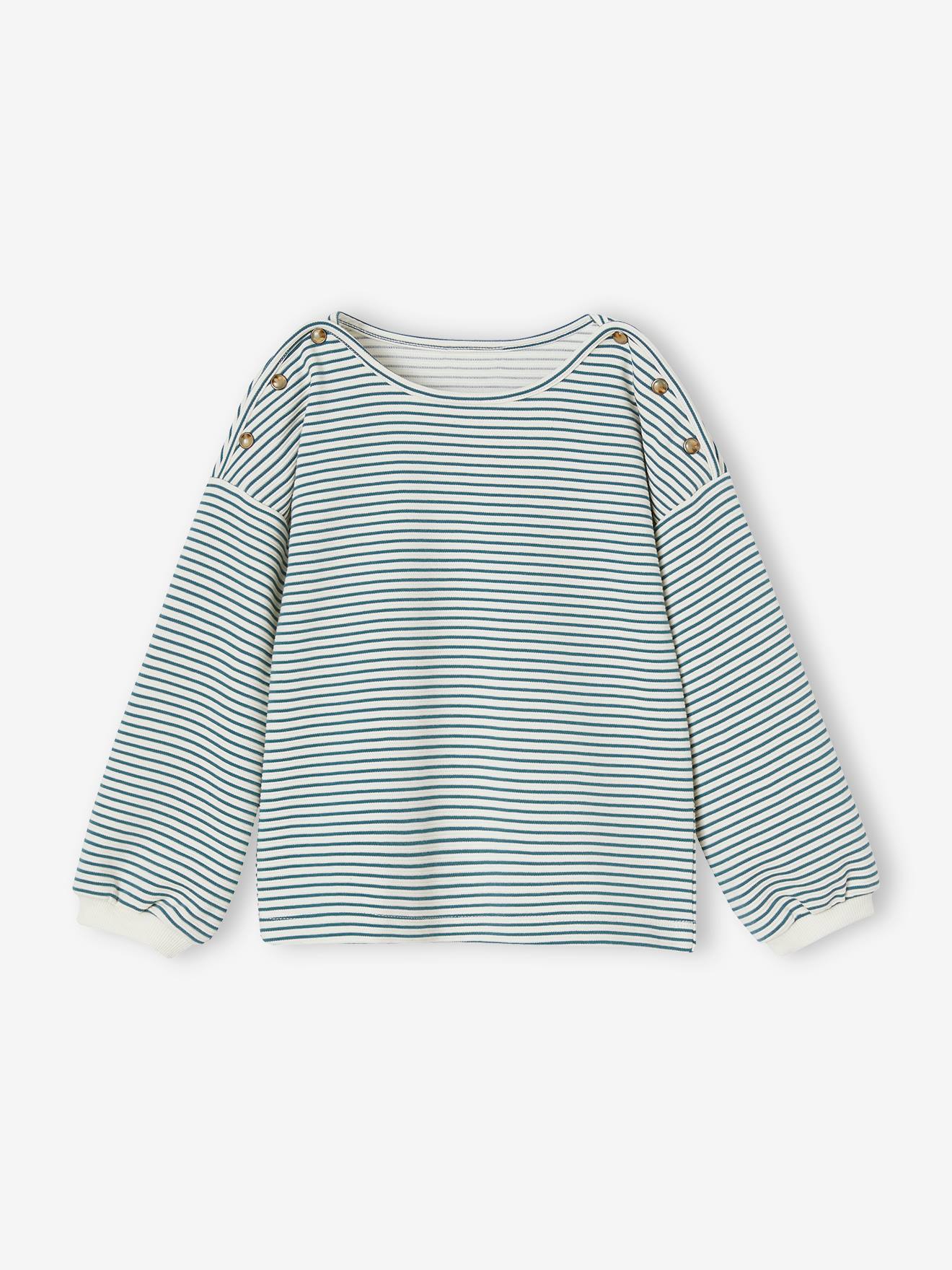 Camiseta listrada com decote canoa, menina listrada branca clara