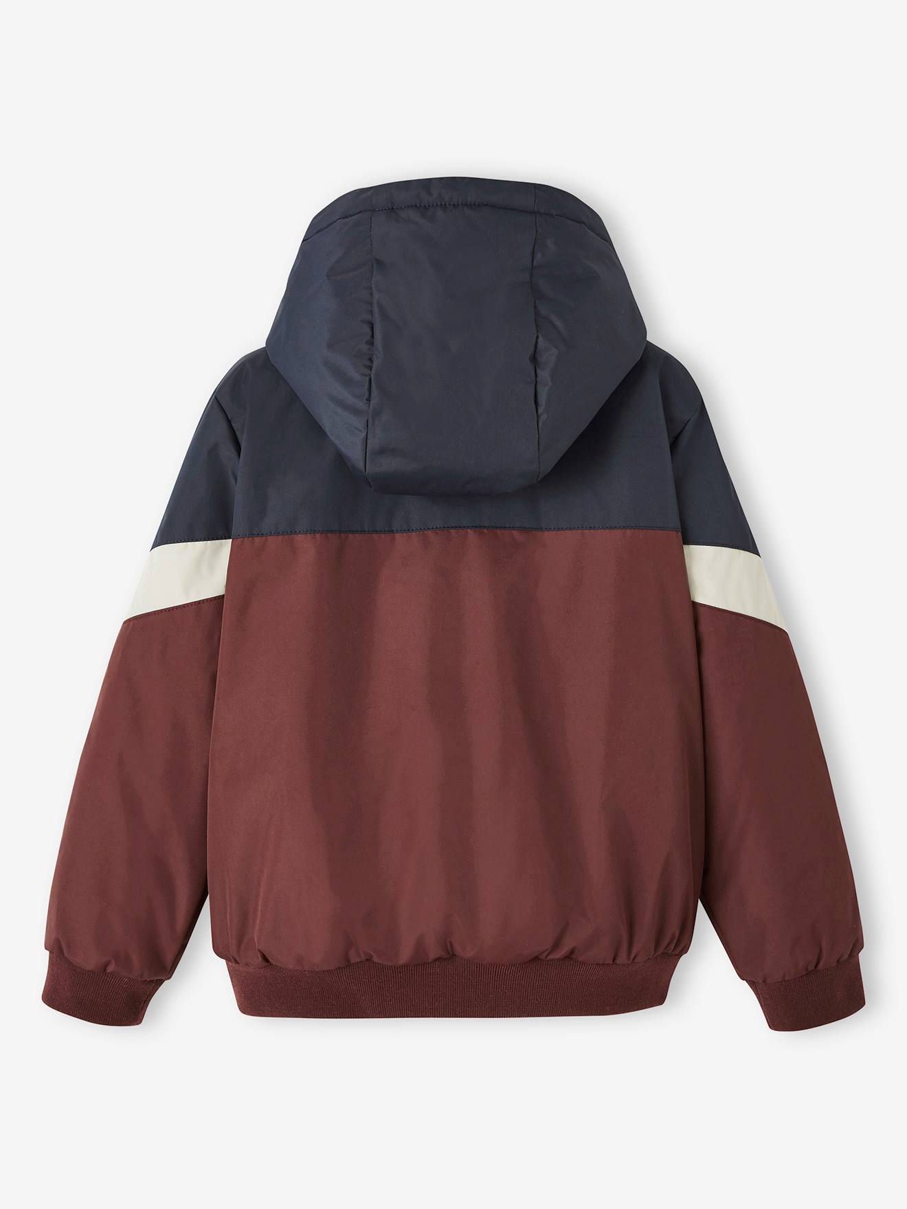 Jaqueta corta-vento colorblock, lisa, bege escuro, para menino, com estampas.